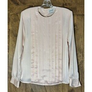 Vtg  Baby Pink Satin Shirt Long Sleeve Pleat Front Shoulder Pads JH Collectibles